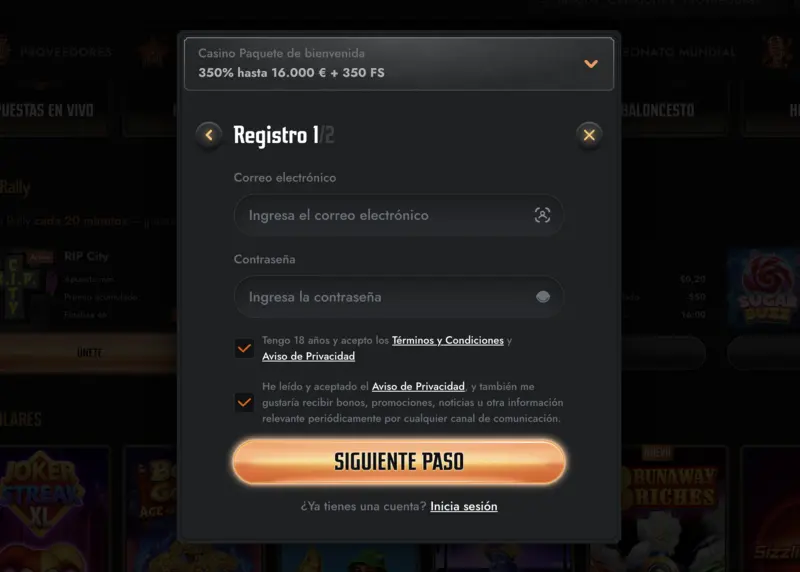 Registro en el casino Gransino